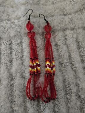 Red Beaded Tassel Earrings With Mini Hearts